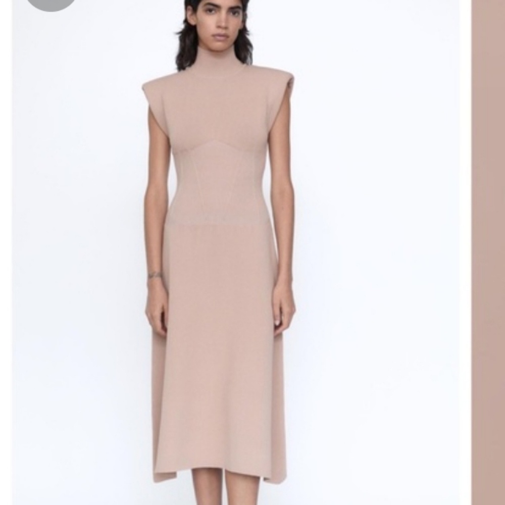 Zara Beige Sculpted Midi Dress